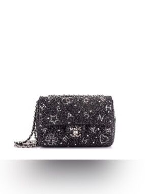 Fashion Black Crystal-Embellished Quilted Medium Classic Flap Shoulder Bag